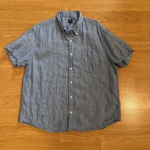 J.Crew Shirt Men's XXL Blue 100% Linen Short Sleeve Button Up Casual Preppy